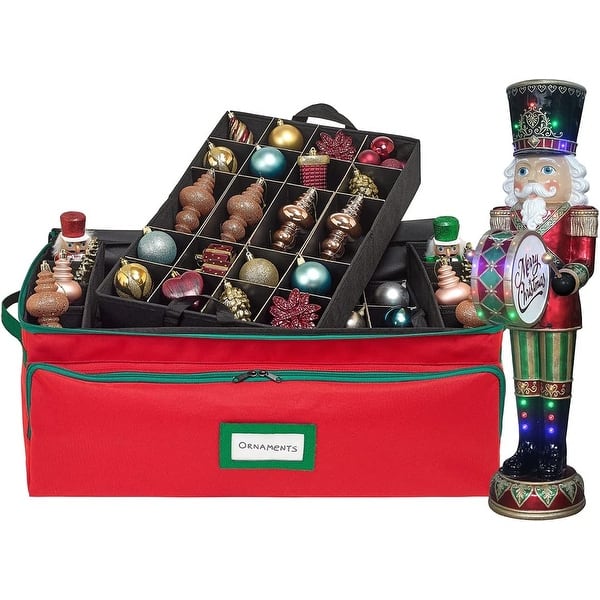 Premium Christmas Ornament Storage Box - Hold Up to 72 - 3 Inch Ornaments, + 8 Side Slots for Figurines, Nutcrackers, etc. - Red