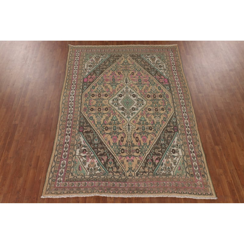 Hamedan Persian Vintage Rug Geometric Hand-Knotted Wool Carpet - 7'0"x 10'0"