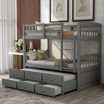 Convertible Twin Bunk Bed with Trundle, Safety Rails, and 3 Drawers