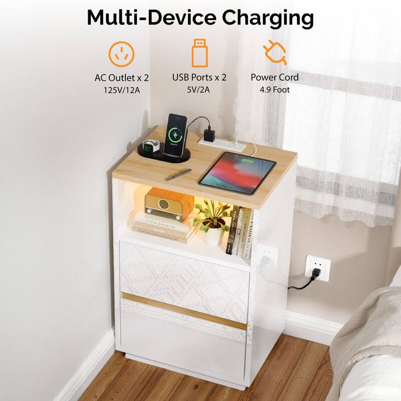 15.7 Inches W High Gloss White and Oak Nightstand 2 Drawers RGB Strip US Outlet 2USB+2AC