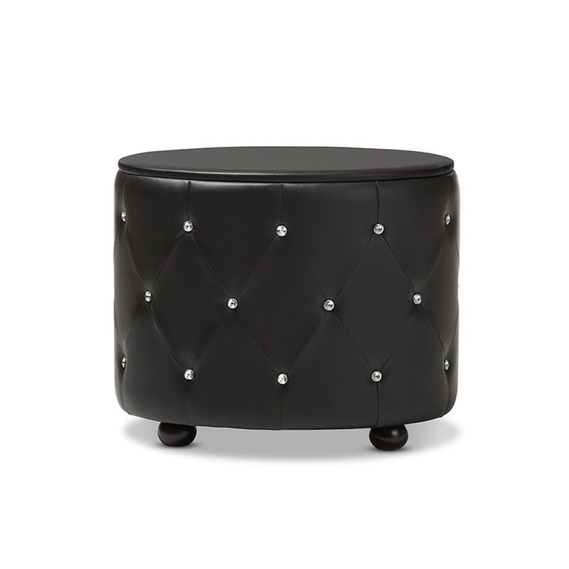 Glam Oval 2-Drawer Faux Leather Nightstand with Crystal Tufting and Smooth Black Upholstery