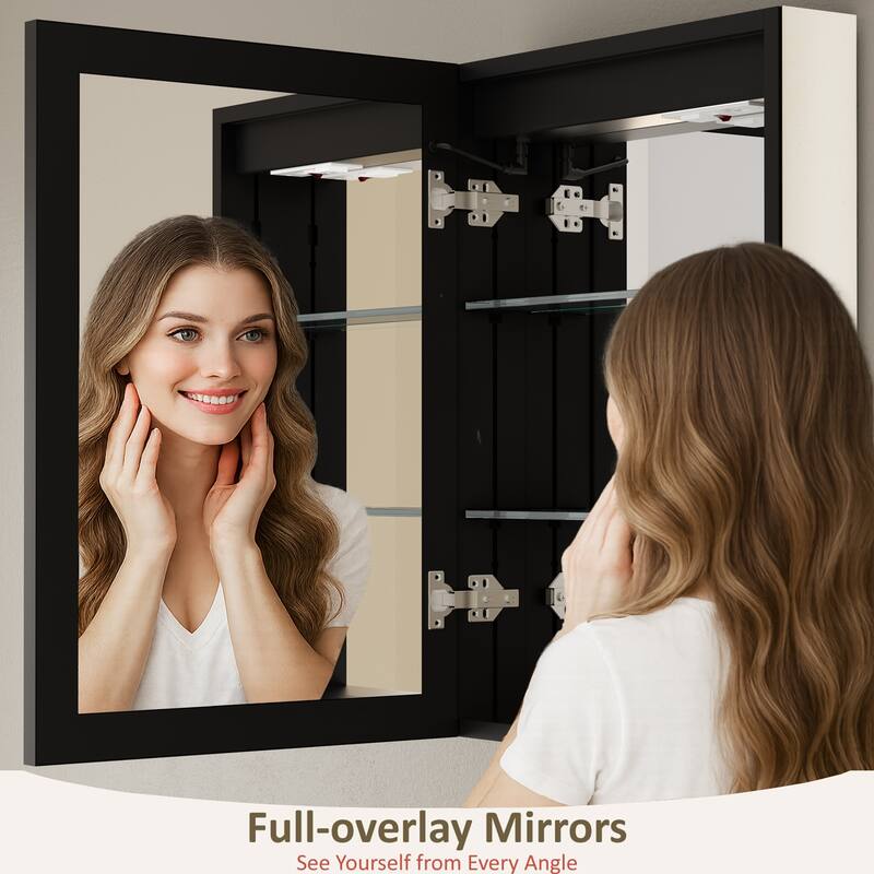 Grand Aluminum Medicine Cabinet with Mirror, Adjustable Shelves, Dimmable Light, Anti-Fog, Recessed or Wall Mount