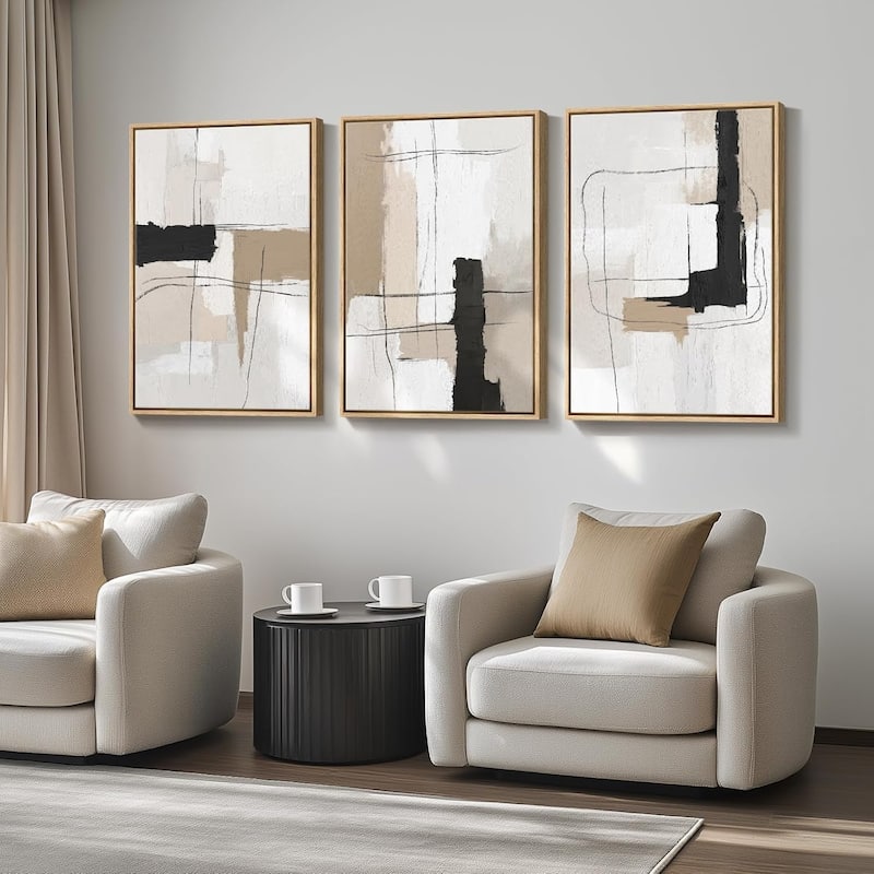 Large Framed Neutral Abstract Wall Art, Black White Beige Minimalist