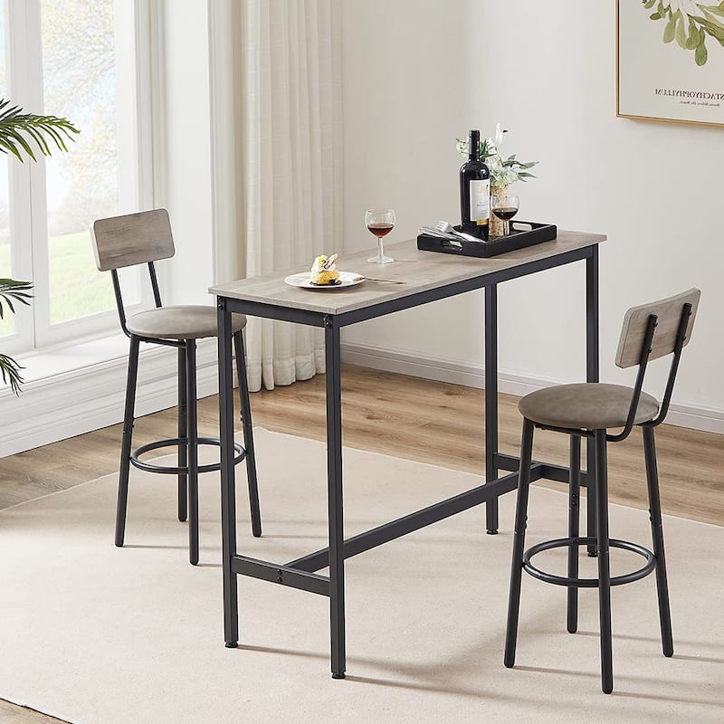 3-Piece Bistro Set, Dining Table and Upholstered Stools w/ Backrest - Grey