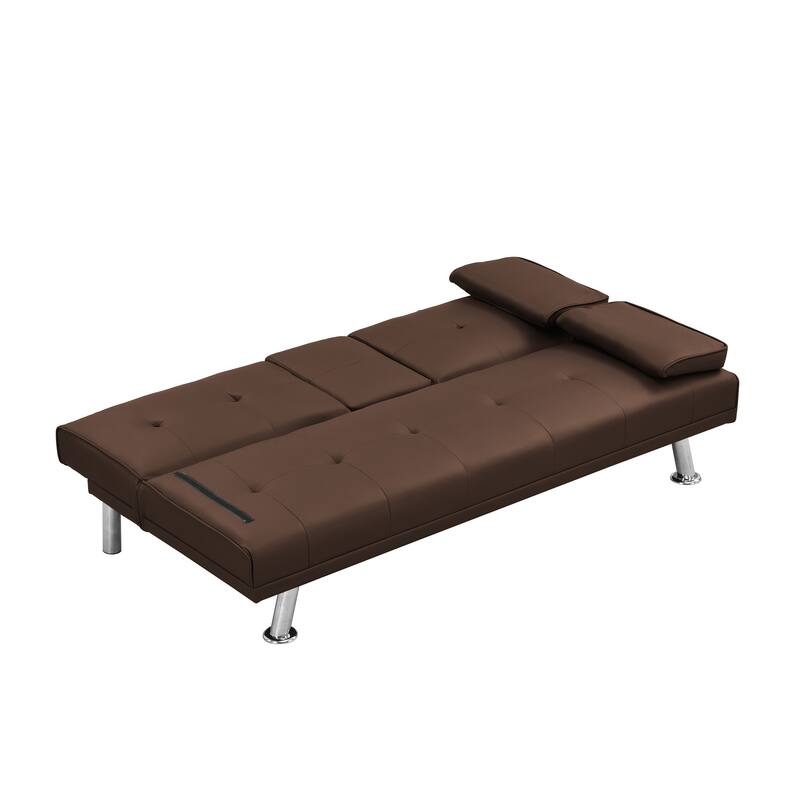 Sofa Bed with Armrests, Wood Frame & Stainless Legs, Futon Style with PVC Upholstery - Brown