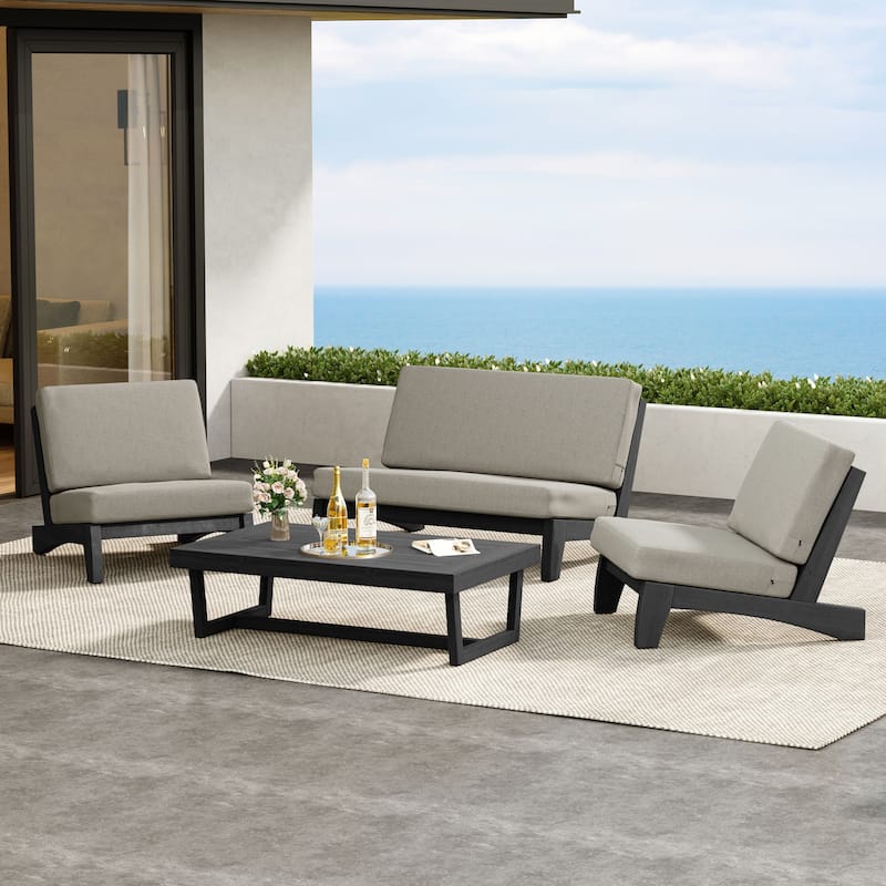 4 Pieces Wood Sectional Sofa Patio Conversation Set With Cushion - Whole Cushion - Light Camel/Black