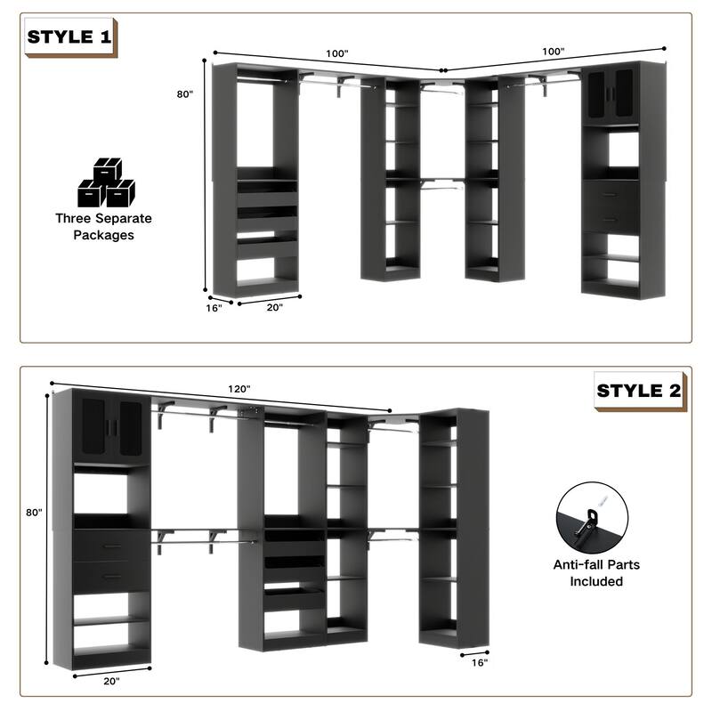 100" × 100" Closet System With Door and Wooden Drawers, Closet Organizer with 5 Hanging Rods and 20 Storage Shelves