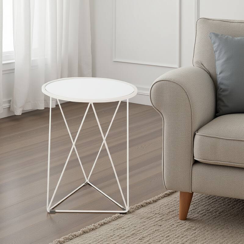 Accent Table, 18 Inch, Round Mirror Top and Open White Metal Base