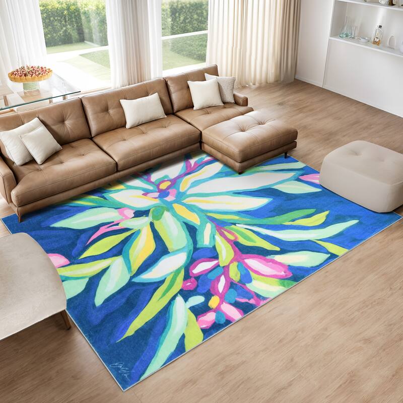 Blue Tropics I, Hand Washable Flowers Art Area Rug, power-loomed, 100% polyester, 2mm pile, non-slipping back - 7.5' x 10.3'