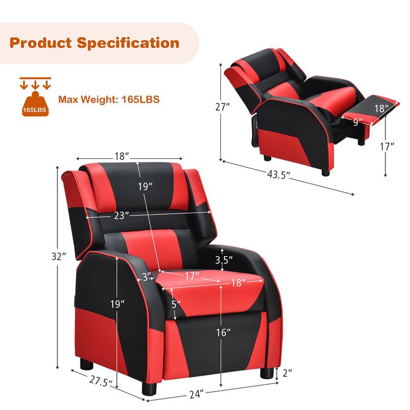 Costway Kids Youth Gaming Sofa Recliner w/Headrest & Footrest PU