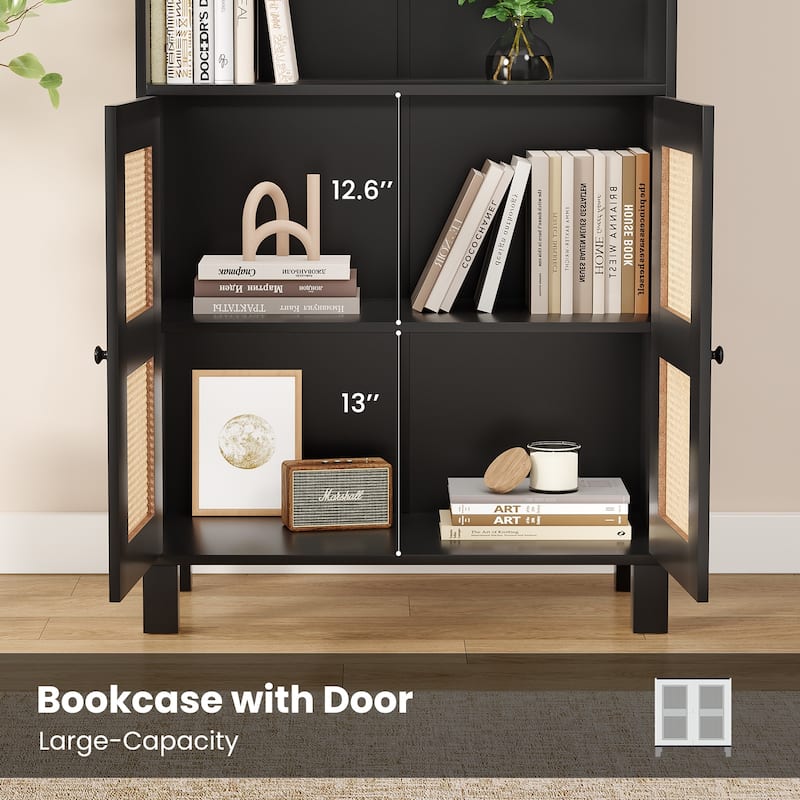 Tall Bookcase with Rattan Doors,5 Tier Storage Wood Shelves Large Bookshelf for Library Living Room Bedroom Home Office