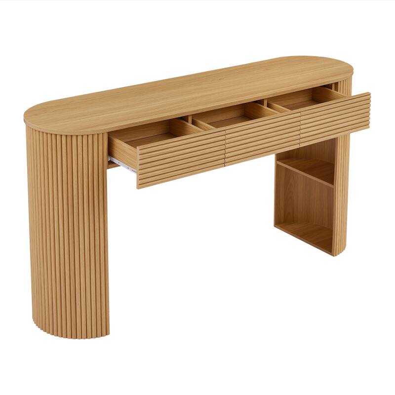 Retro Console Table with Storage, 3 Drawers, 1 Table-Leg Niche, Round Slat Aesthetic, Entryway, Living Room & Hallway