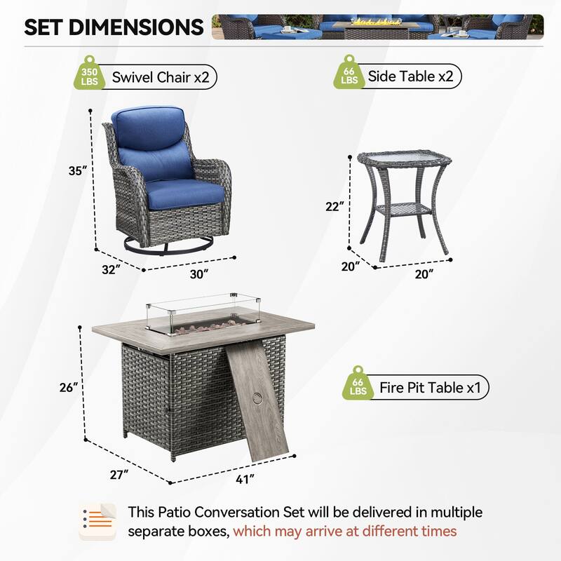 7 Pieces Outdoor Swivel Chairs Fire Pit Table with 5-Inch Thick Cushions