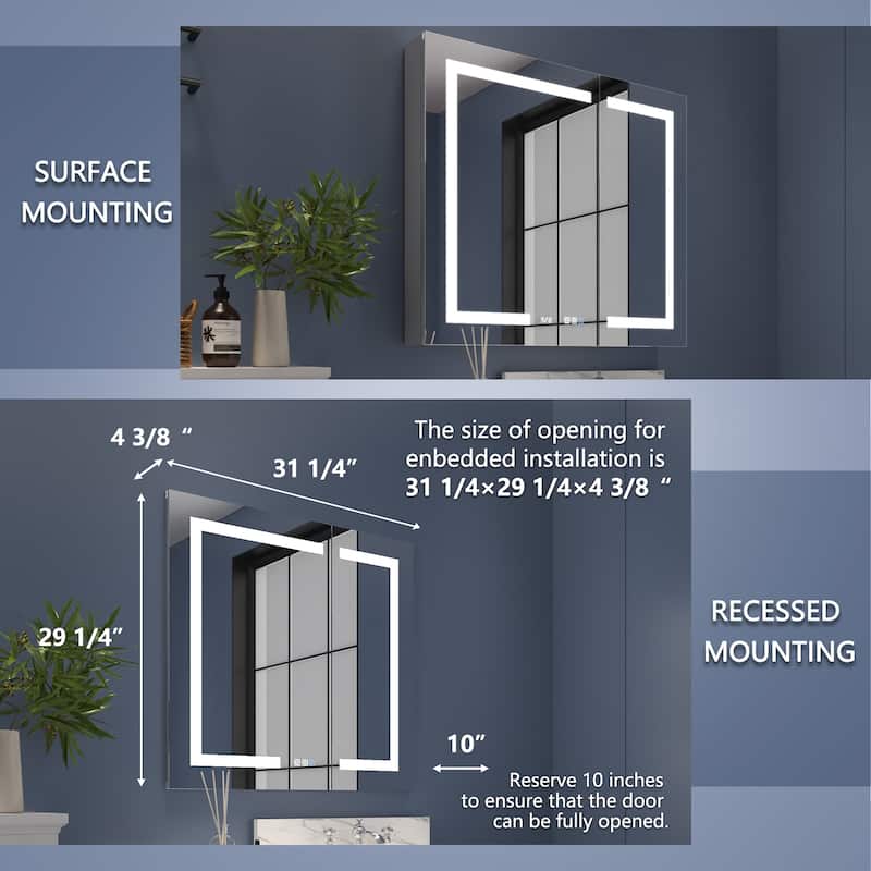 ExBrite 36" x 30" LED Lighted Bathroom Medicine Cabinet with Mirror,Recessed or Surface Mount,Defog