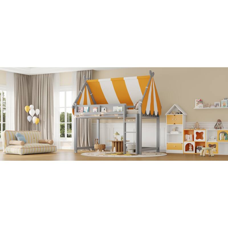 Roomfitters Twin/Full Size Loft Bed with Canopy, LED Lights and Book Shelf