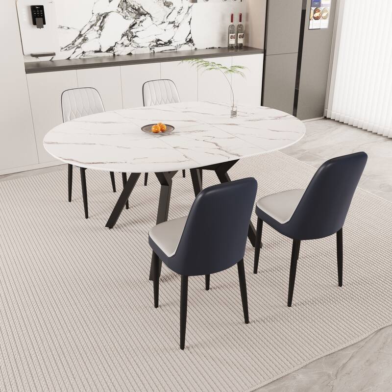 Modern Dining Table Set, Extendable Round Dining Table with 4 PU-Padded Dining Chairs, for Dining Rooms and Kitchens