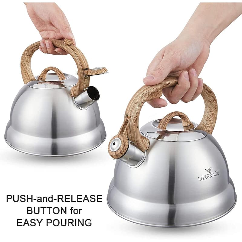 Creative Home 2.3 Qt. Stainless Steel Whistling Tea Kettle Teapot with Ergonomic Wood Rubber Touching Handle, Satin Finish