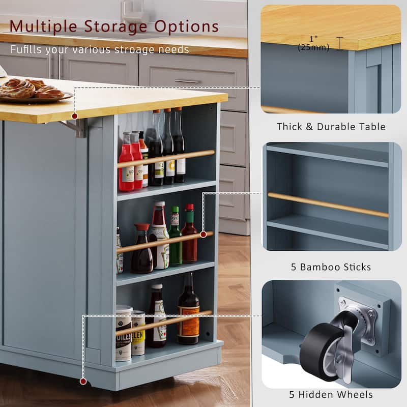 53'' Large Kitchen Island,2 Bar Stools,Power Outlet,Door Internal Storage Rack,5 Wheels,Drop Leaf,5 Open Side Racks,3 Drawers