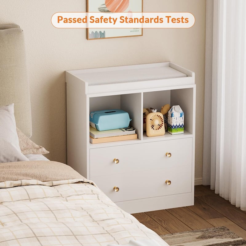 Baby Changing Table with Pad, 2 Drawers and 2 Open Compartments for Nursery Room