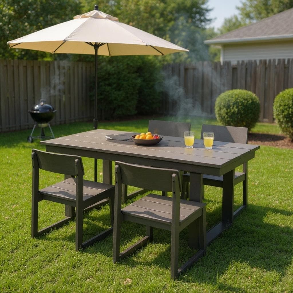 5-Piece All-Weather Outdoor Patio Dining Set '69' Rectangular Table with Umbrella Hole & 4 Chairs for Patio, Backyard