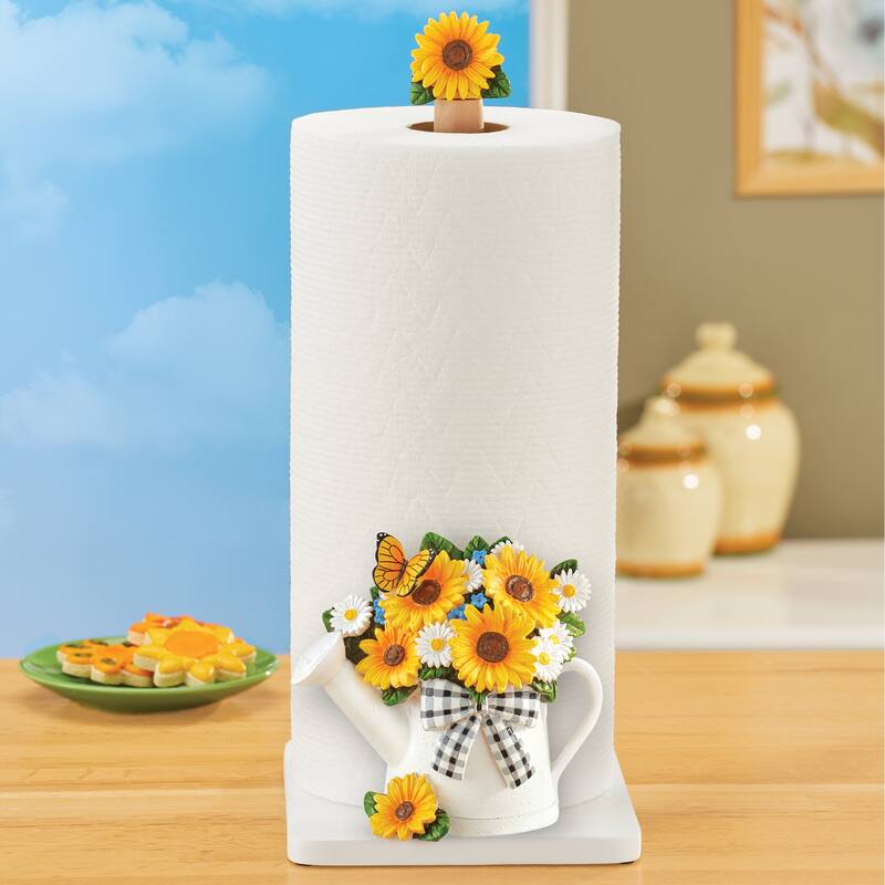 Hand-Painted Sunflower Bouquet in Watering Can Paper Towel Holder - 7.63 x 13.38 x 5.63 - White - 7.63 x 13.38 x 5.63