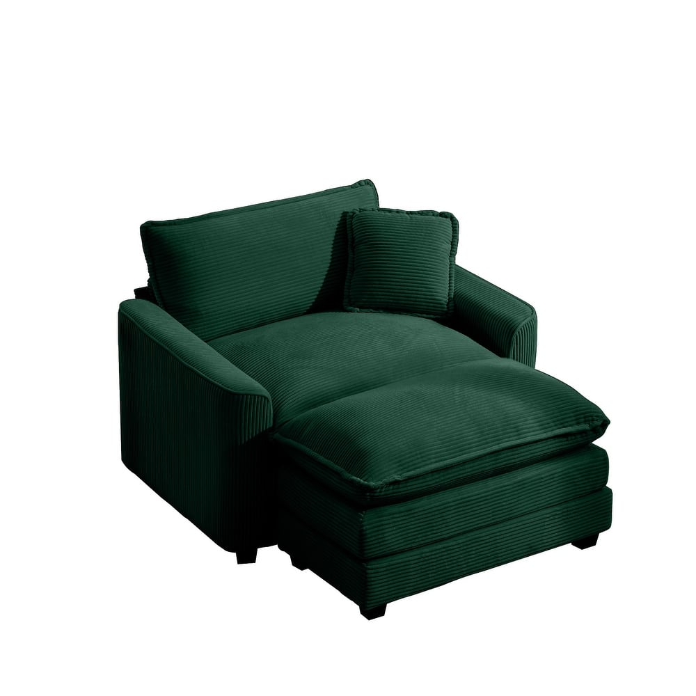 Corduroy Fabric Deep Seat Sofa with Ottoman, Single Deep Seat Accent Sofa Chair with Pillow for Livingroom