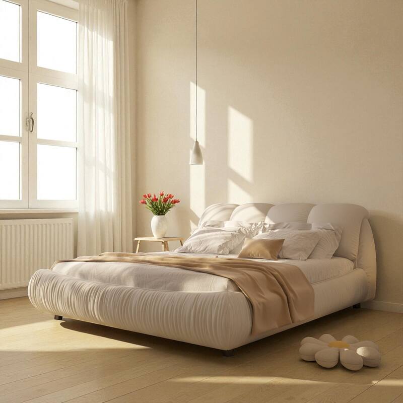 Queen/King Size Luxury Upholstered Platform Bed with Oversized Padded Headboard, Solid Wood Frame & Adjustable Mattress Height