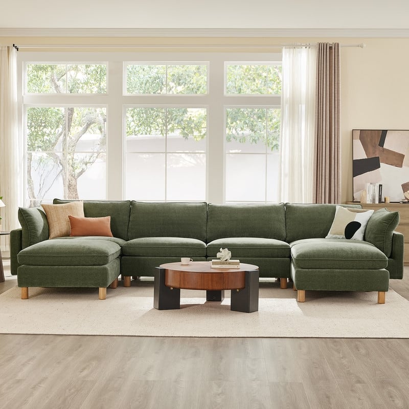 Spruce & Spring Modular Cloud Couch Sofa with Wood Legs for Living Room - Green-Fabric-6PC