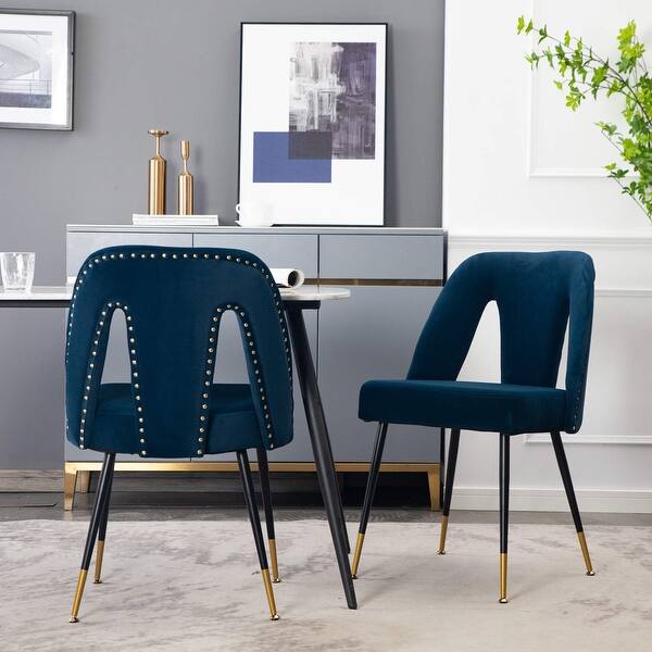 Contemporary Velvet Upholstered Dining Chair with Nailheads and Gold