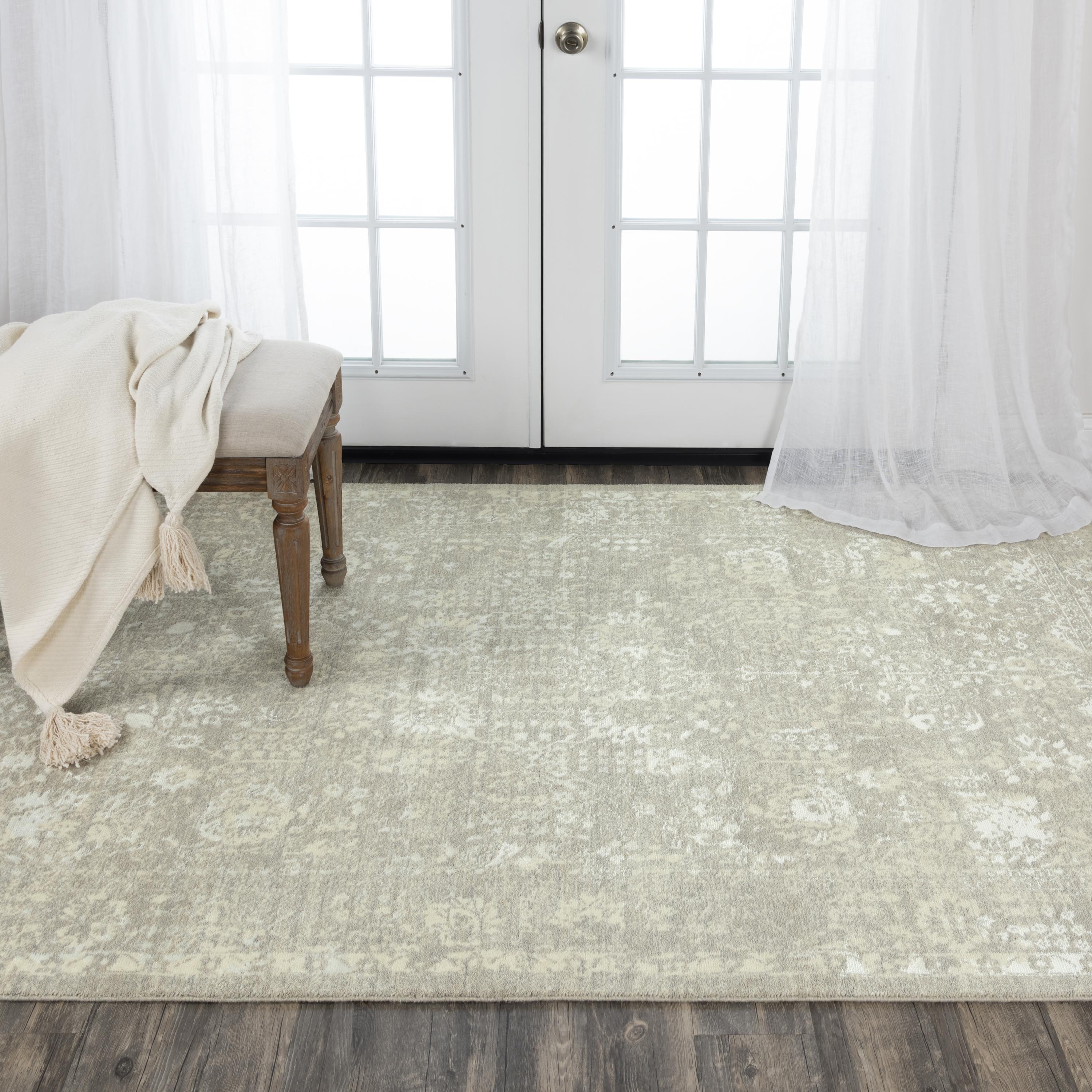 Alora Decor Aurora Grey and Beige Floral Border Wool Blend Rug