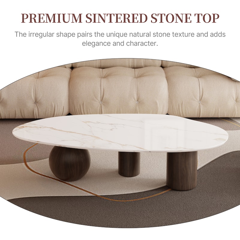 54" Modern Coffee Table, Whitet Glossy Sintered Stone Table-top, 3 Steel legs with wood texture