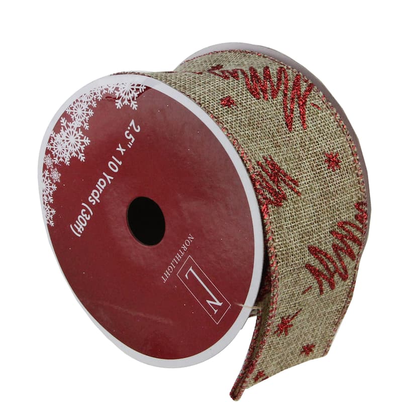 Red and Beige Christmas Tree Wired Craft Ribbon 2.5" x 10 Yards