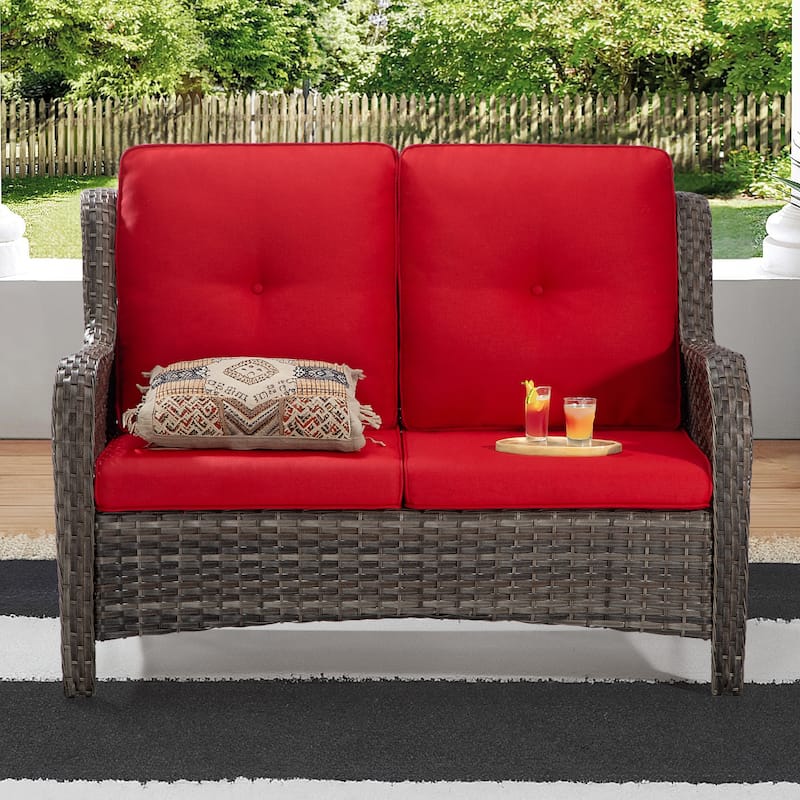 Cozywor Brown Wicker Outdoor Patio Loveseat with Cushions - Red