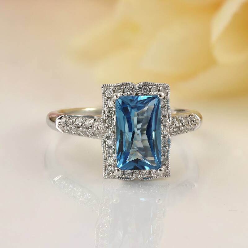 Auriya Vintage 2 5/8ct Emerald-cut Swiss-Blue Topaz and Halo Diamond Engagement Ring 1/3ctw 14k Gold