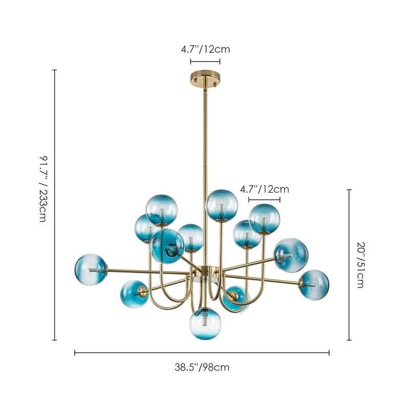 13-Light Mid-Century Modern Gold/Black Linear Sputnik Gradient Blue Glass Globe Bubble Chandelier for Living Room