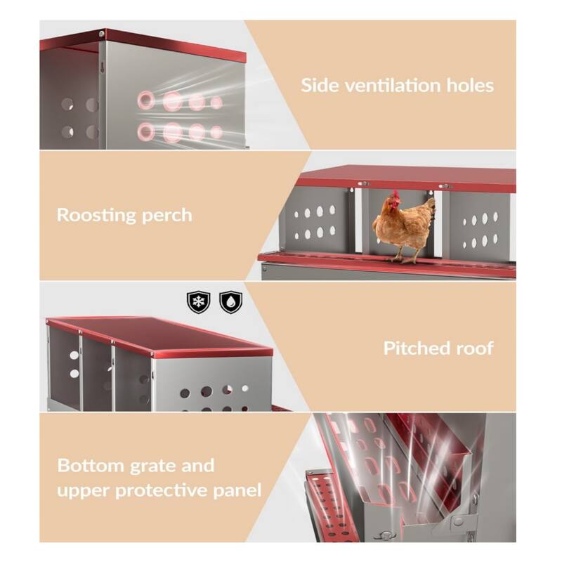8-Compartment Chicken Nest Box with Egg Collection Tray and 8 Fake Training Eggs Red