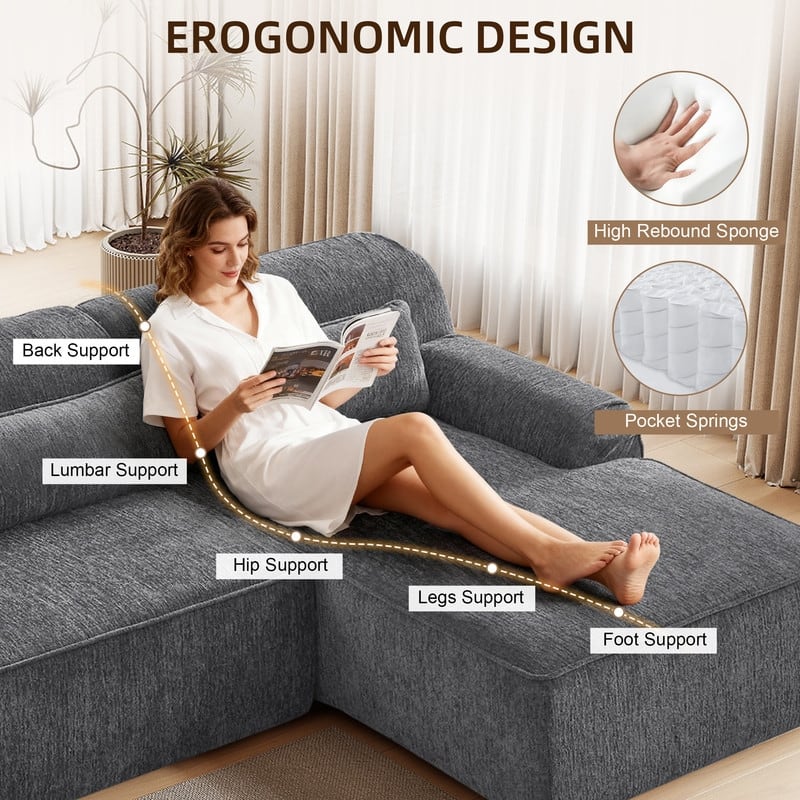 Rossetta Mnimalist Design L-Shape Chenille Sectional Oversized Sofa, Right Facing