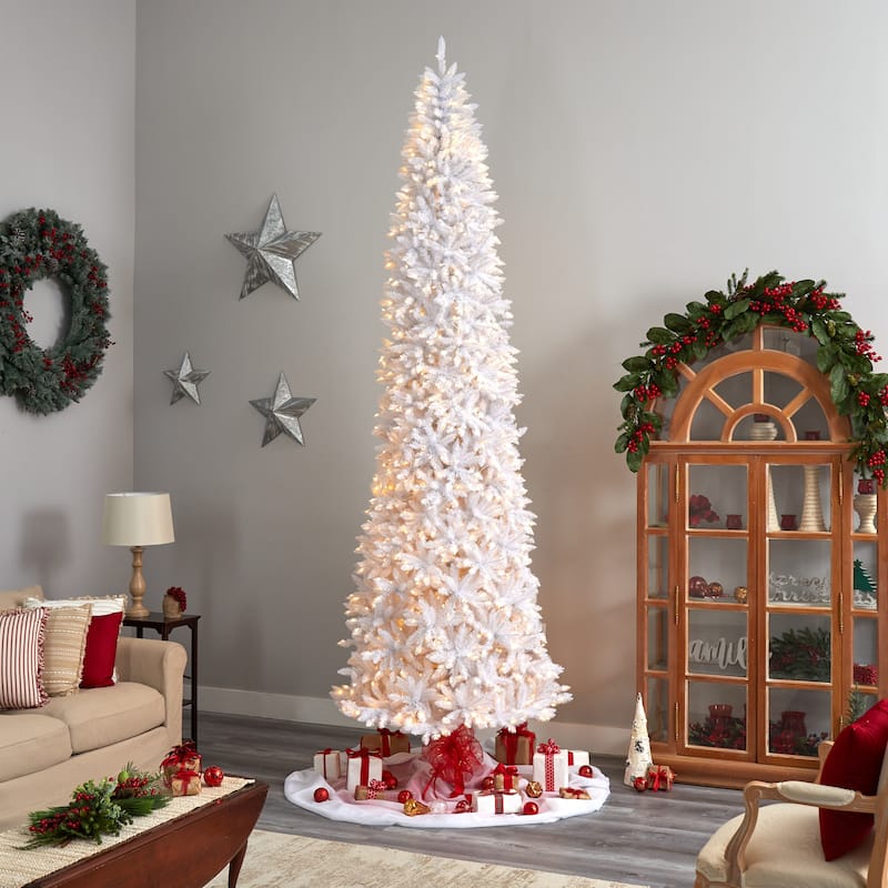 12’ Pre-Lit Slim White Artificial Christmas Tree, Warm Clear LED Lights - over-10-feet