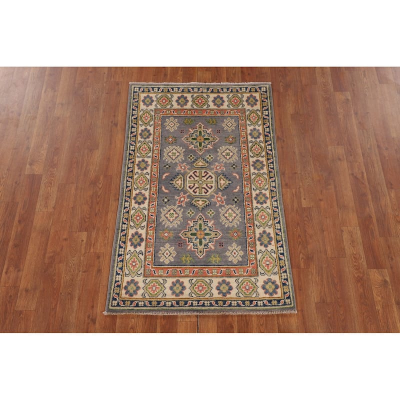 Gray Kazak Foyer Rug Hand-Knotted Geometric Wool Carpet - 2'7" x 4'2"
