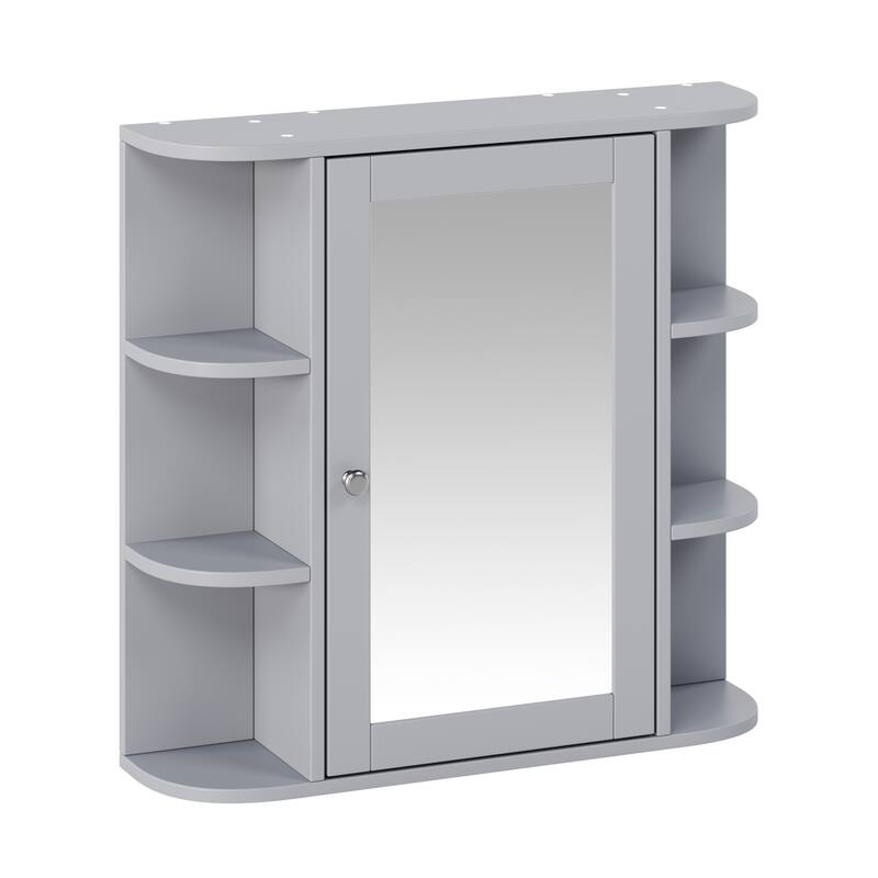 Bathroom Wall Storage Cabinet with Mirror, with Adjustable Wood Shelf & Doors, Mounted Storage Cabinets with 6 Open Shelves