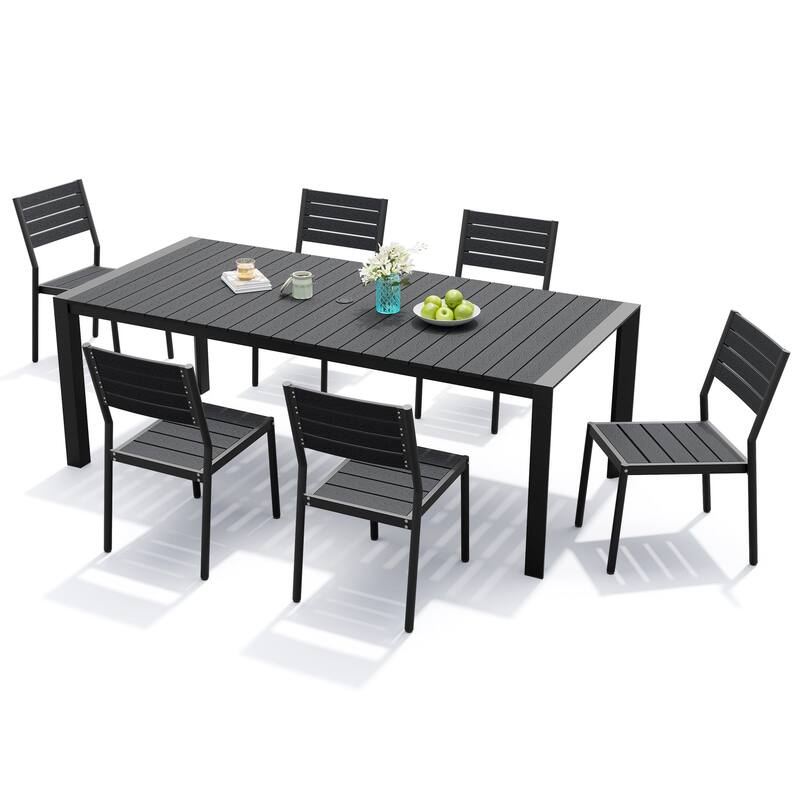 7/9-Piece Patio Outdoor Dining Set Stackable Chairs and Dining Table with Umbrella Hole - Black - Set of 7