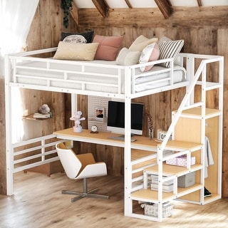 Modern Full Size Loft Bed With Desk,Storage Staircase And Small Wardrobe for Bedroom