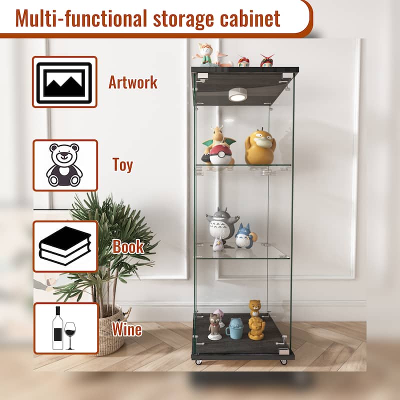 Modern Glass Display Cabinet with LED lights, Quick-assembly Antique Cabinet, Tempered Glass Bookshelf