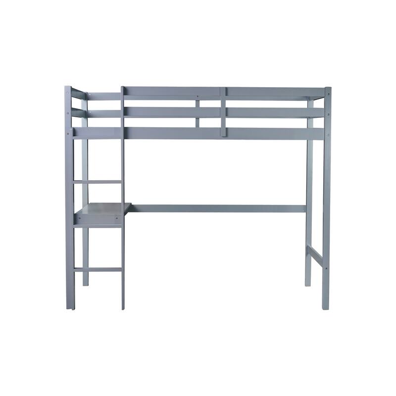 Twin High Loft Bed, Rubber Wood Loft Bed with Safety Guardrail, built-in desk, ladder, Grey