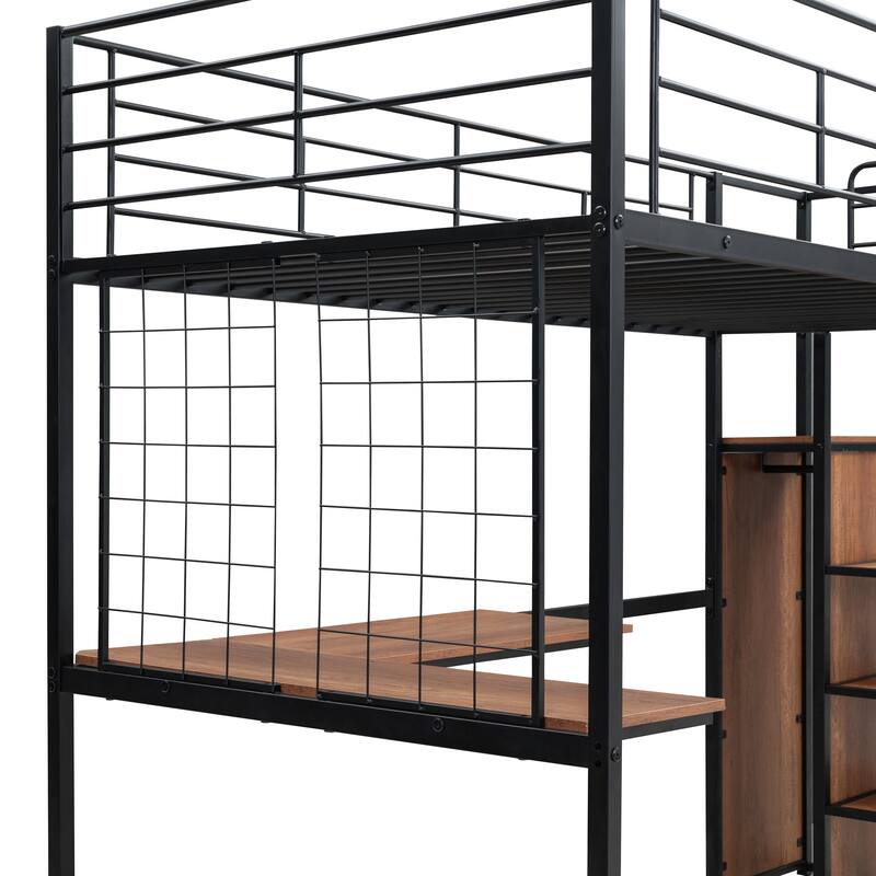 Twin Metal Loft Bed with Desk, Wardrobe, and Storage Ladder, Black