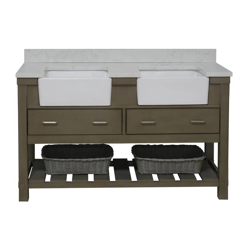 KitchenBathCollection Charlotte 60" Double Farmhouse Bathroom Vanity with Engineered Carrara Top