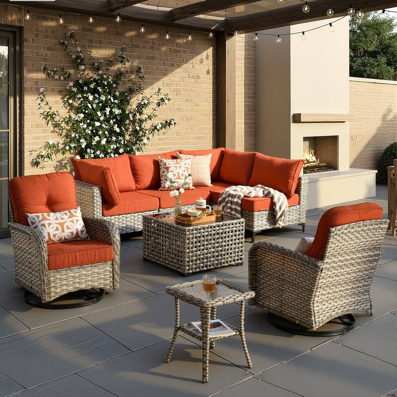 XIZZI 8-Piece Outdoor Wicker Furniture Sectional Swivel Chairs Set - Red/Orange