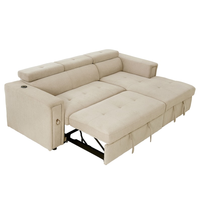 96" L-Shaped 3-Seat Sectional Sofa with Pull-Out Bed, Wireless Charging, and Hidden Storage with Cup Holders