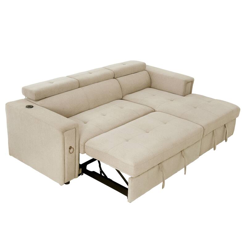 96" Multi-Functional L-Shape Pull-Out Sofa Bed, Beige Linen
