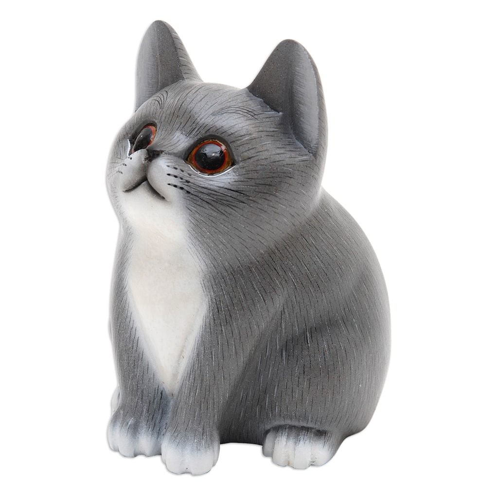 Novica Handmade Dreamy Kitten Wood Figurine